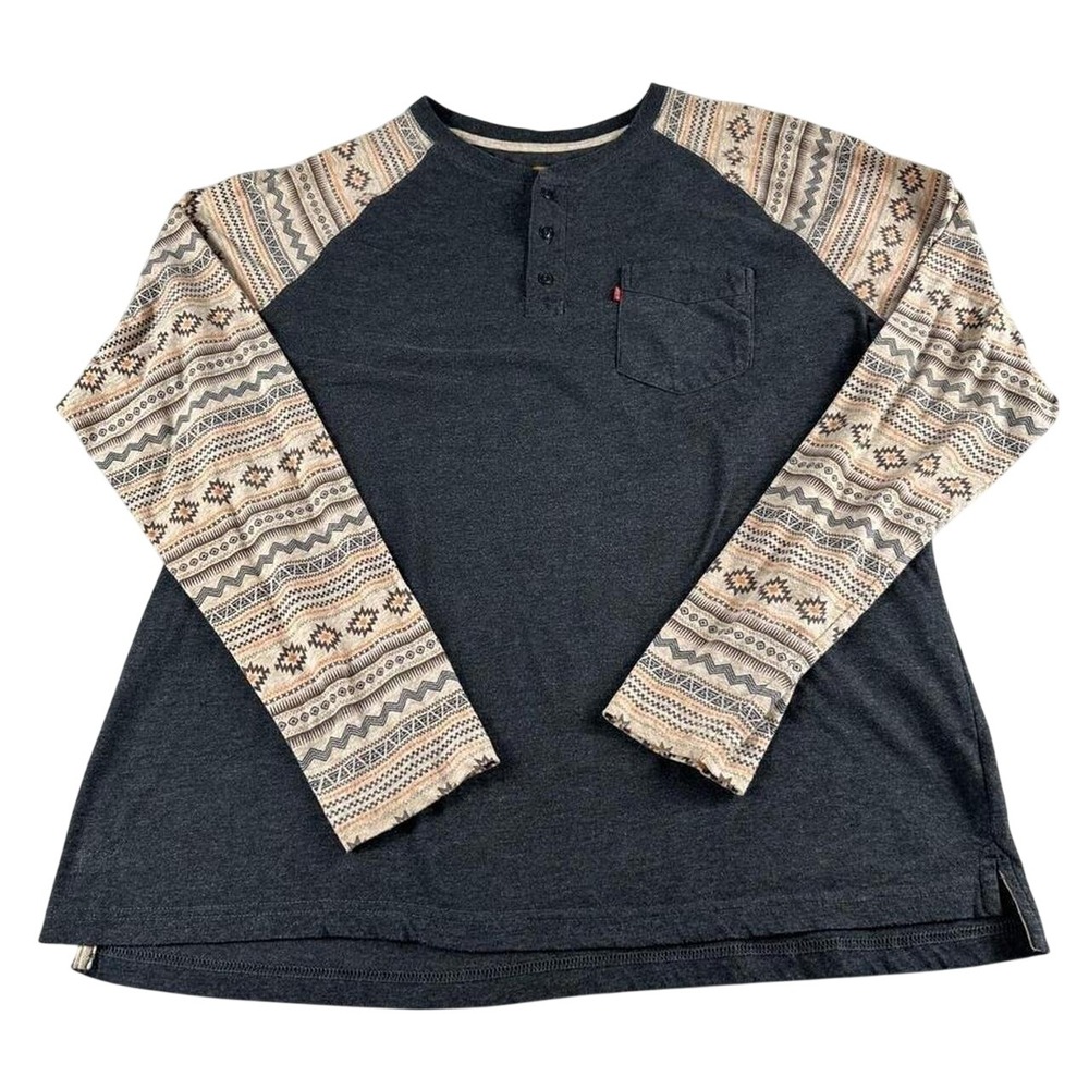 Levis Aztec Print Henley Shirt Mens XL Charcoal Grey Raglan Long Sleeve Button